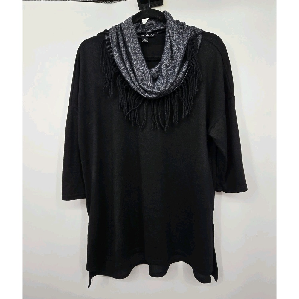 French Laundry Fringed Cowl Neck Tunic Top Womens XL Black Gray Artsy Lagenlook